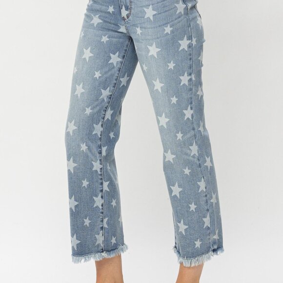 Judy Blue High Waist Star Print Cropped Straight Jeans - NWT - Size 22W - Picture 3 of 4